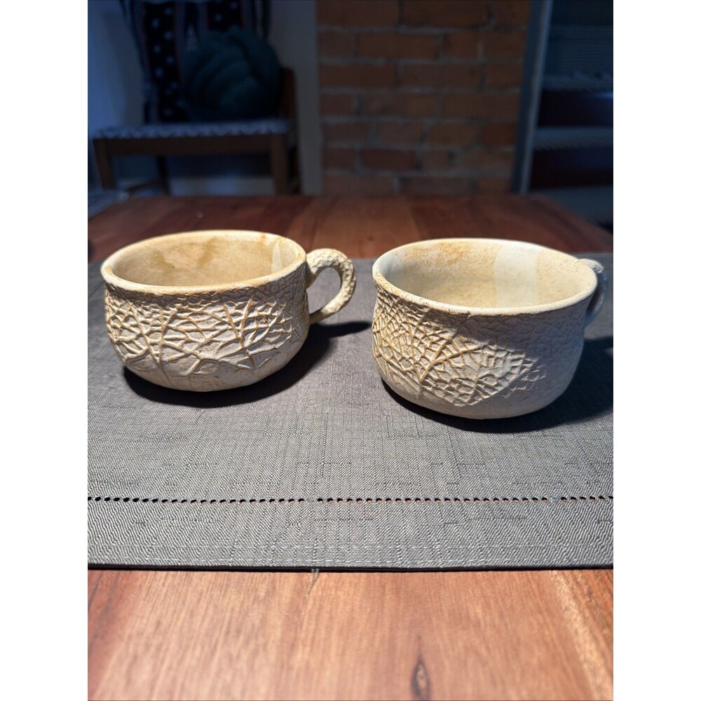 Handmade Ceramic Botanical Leaf Imprinted Mugs / Soup Cups Rustic Earthy Pair